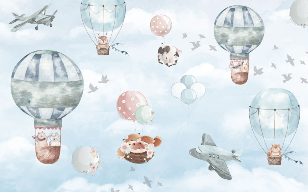 Pastel Balloon Sky Wallpaper : Kids Planes and Balloons Mural - View 2