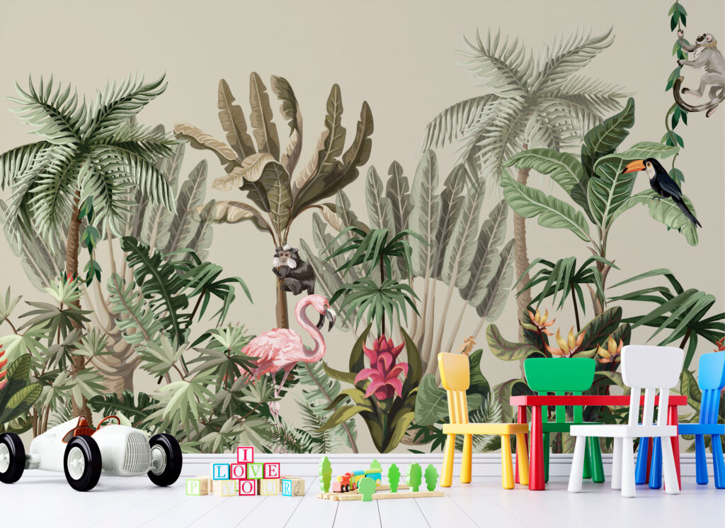 Jungle Monkeys and Flamingos Wallpaper : Tropical Animals Mural - View 2