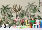 Jungle Monkeys and Flamingos Wallpaper : Tropical Animals Mural - View 2