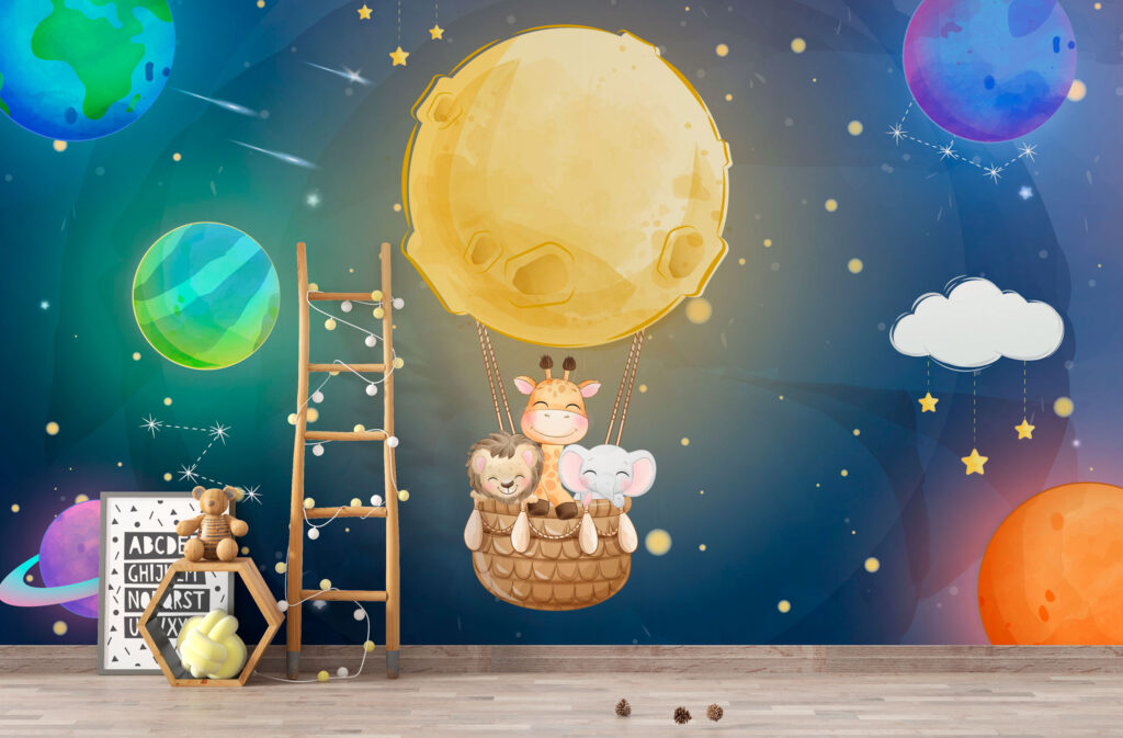 Moon Balloon Kids Wallpaper : Planets and Animals Mural - View 4