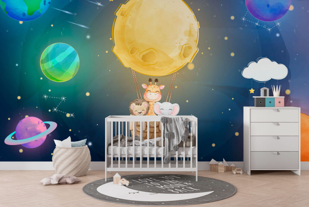 Moon Balloon Kids Wallpaper : Planets and Animals Mural - View 5