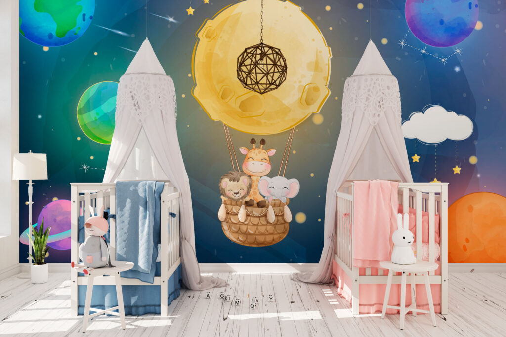Moon Balloon Kids Wallpaper : Planets and Animals Mural - View 3