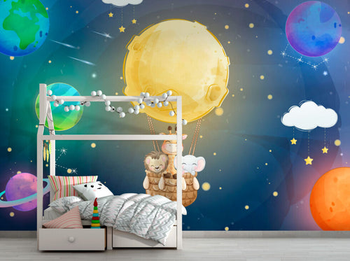 Moon Balloon Kids Wallpaper : Planets and Animals Mural