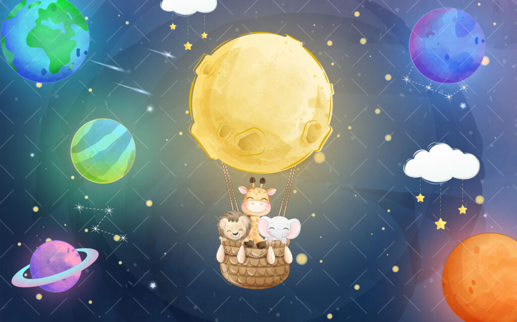 Moon Balloon Kids Wallpaper : Planets and Animals Mural - View 2