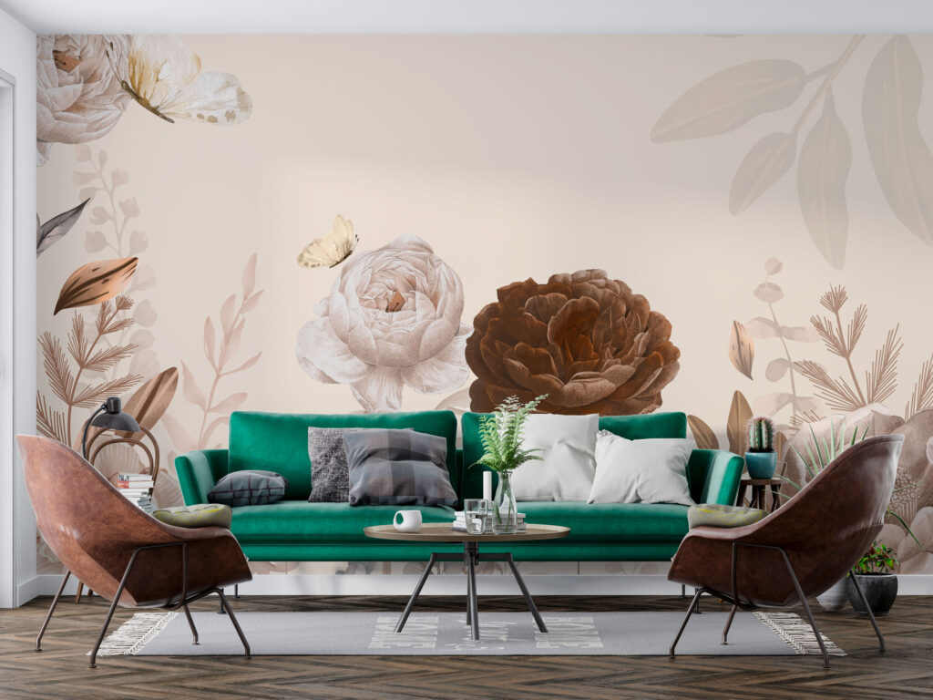 Cream and Brown Peony Wallpaper : Neutral Floral Mural - View 3