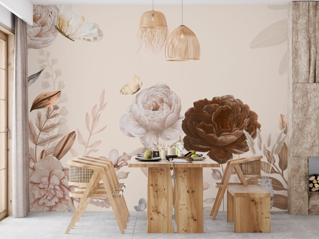 Cream and Brown Peony Wallpaper : Neutral Floral Mural - View 4