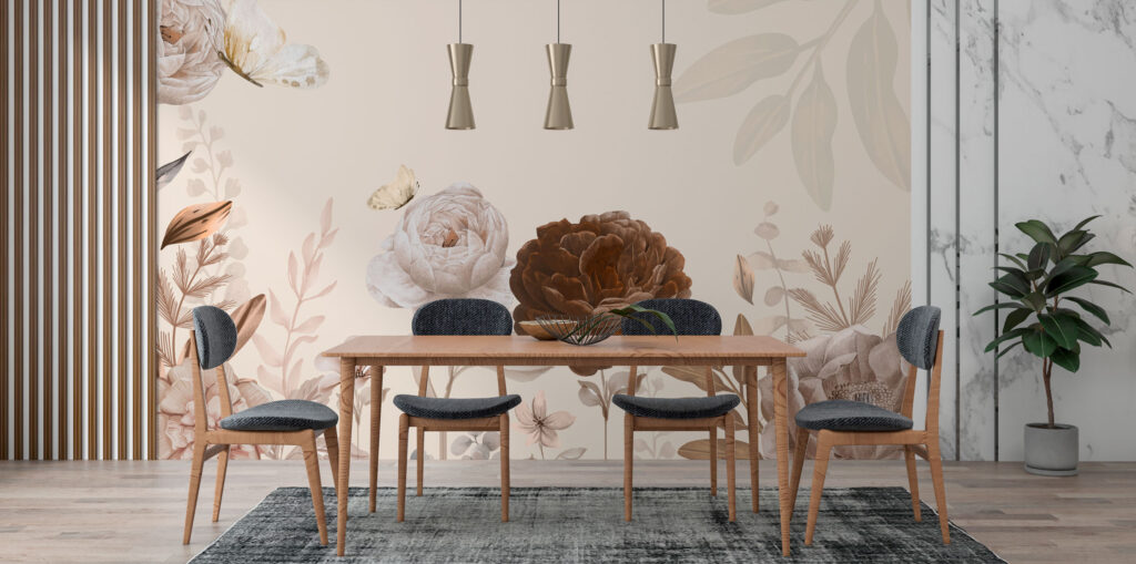 Cream and Brown Peony Wallpaper : Neutral Floral Mural - View 5