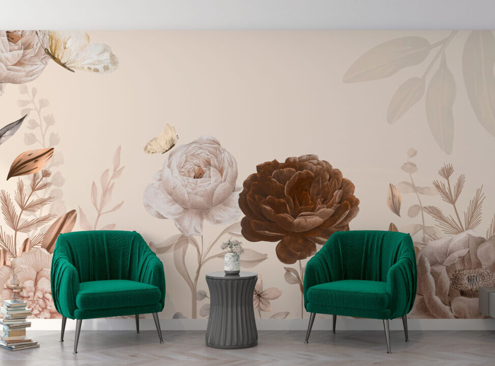Cream and Brown Peony Wallpaper : Neutral Floral Mural