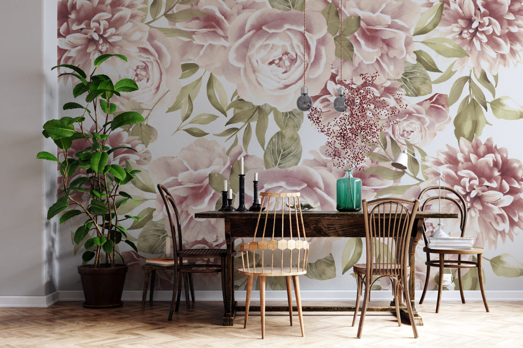Soft Pink Peony Wallpaper : Large Rose and Leaf Mural