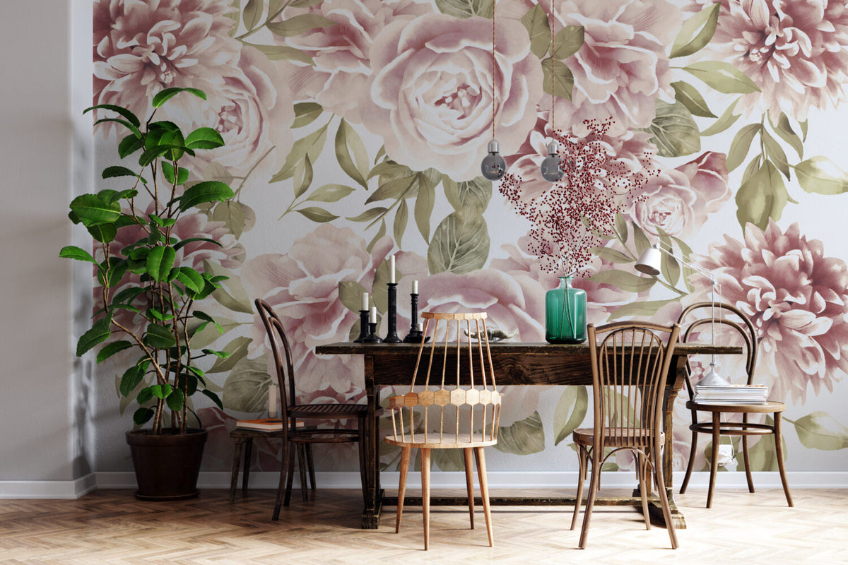 Soft Pink Peony Wallpaper : Large Rose and Leaf Mural