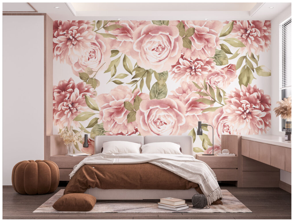 Soft Pink Peony Wallpaper : Large Rose and Leaf Mural - View 3