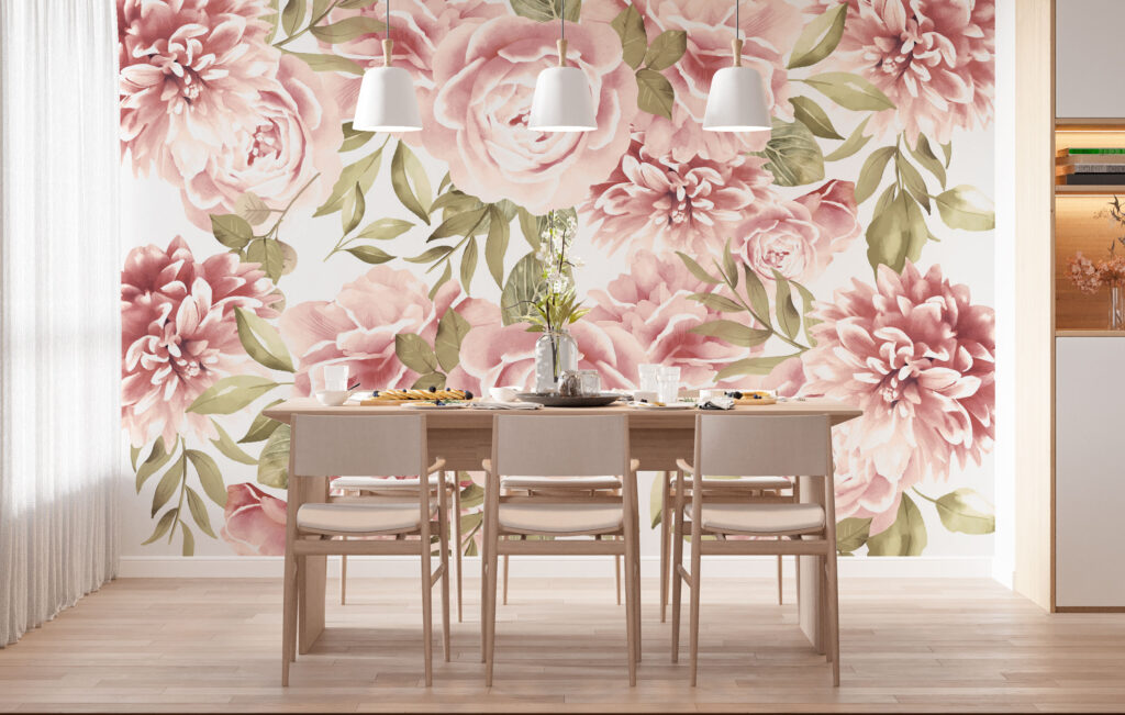 Soft Pink Peony Wallpaper : Large Rose and Leaf Mural - View 5