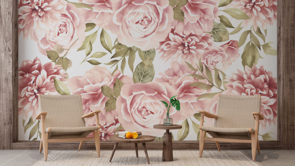 Soft Pink Peony Wallpaper : Large Rose and Leaf Mural - View 4