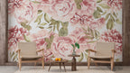 Soft Pink Peony Wallpaper : Large Rose and Leaf Mural - View 4