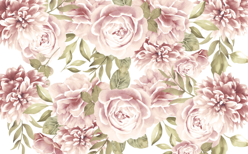 Soft Pink Peony Wallpaper : Large Rose and Leaf Mural - View 2