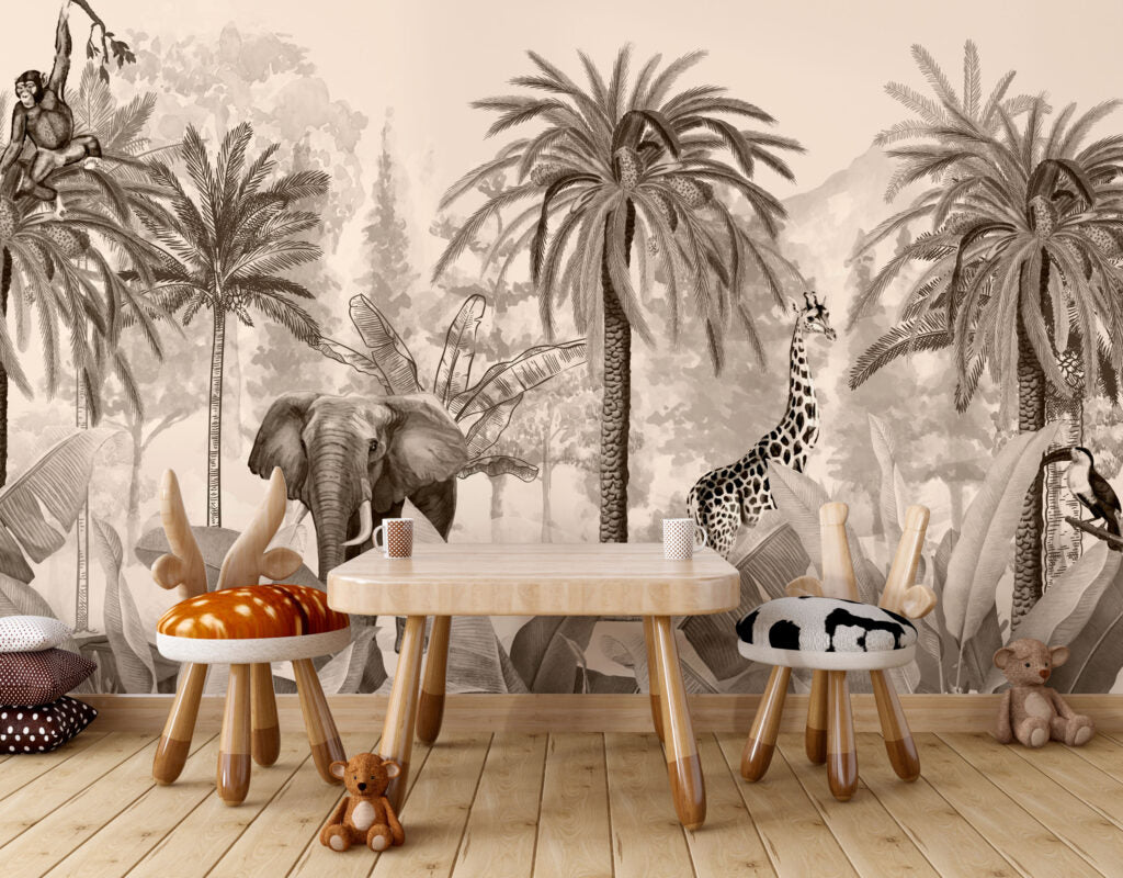 Sepia Jungle Wallpaper : Elephant and Giraffe Palm Mural - View 3
