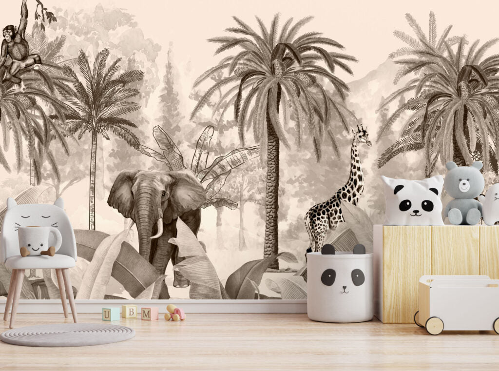 Sepia Jungle Wallpaper : Elephant and Giraffe Palm Mural - View 5