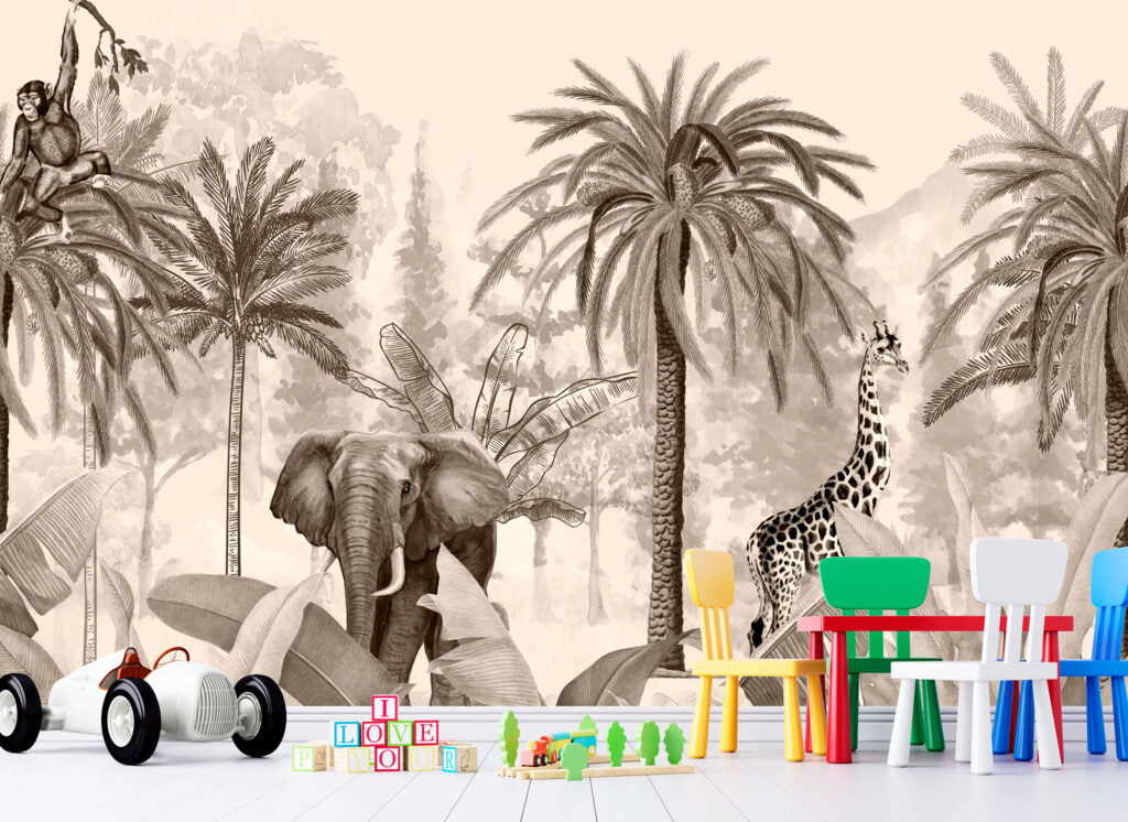 Sepia Jungle Wallpaper : Elephant and Giraffe Palm Mural - View 4