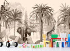Sepia Jungle Wallpaper : Elephant and Giraffe Palm Mural - View 4