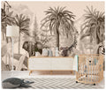 Sepia Jungle Wallpaper : Elephant and Giraffe Palm Mural