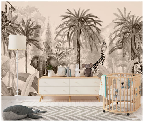 Sepia Jungle Wallpaper : Elephant and Giraffe Palm Mural
