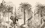 Sepia Jungle Wallpaper : Elephant and Giraffe Palm Mural - View 2