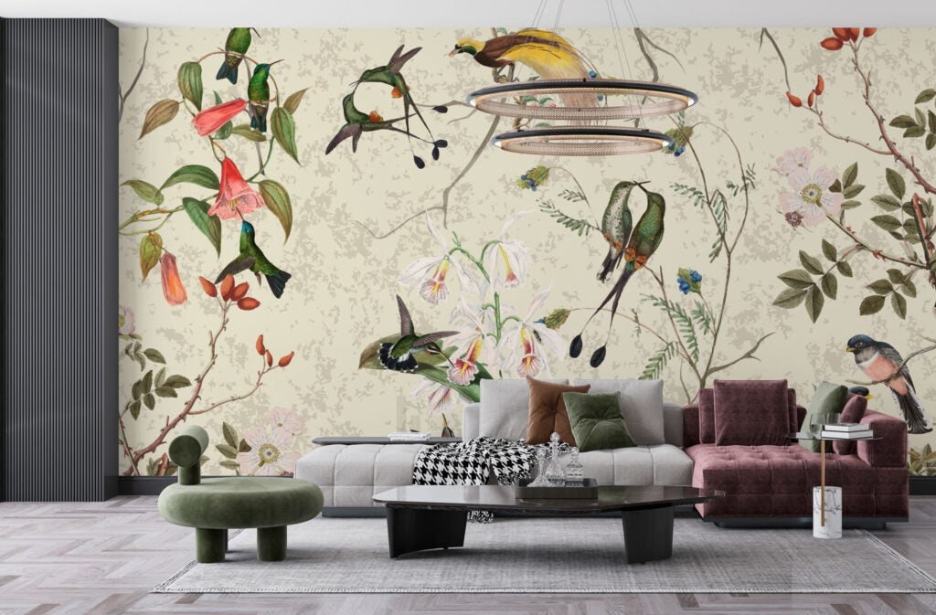 Hummingbird Orchid Wallpaper : Cream Botanical Bird Mural - View 5