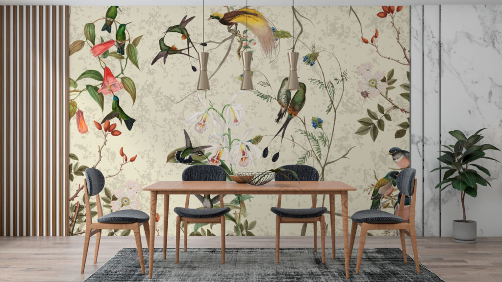 Hummingbird Orchid Wallpaper : Cream Botanical Bird Mural - View 4