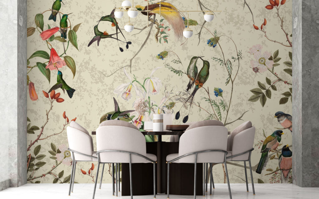 Hummingbird Orchid Wallpaper : Cream Botanical Bird Mural