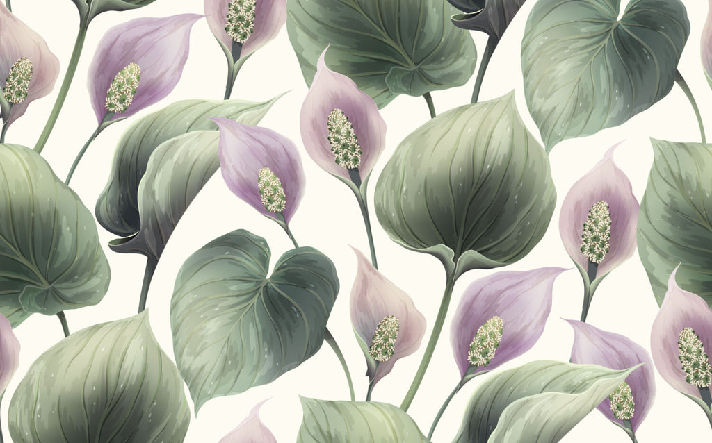 Calla Lily Wallpaper : Purple Blooms Green Leaves Pattern - flat design