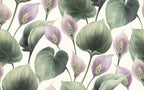 Calla Lily Wallpaper : Purple Blooms Green Leaves Pattern - flat design
