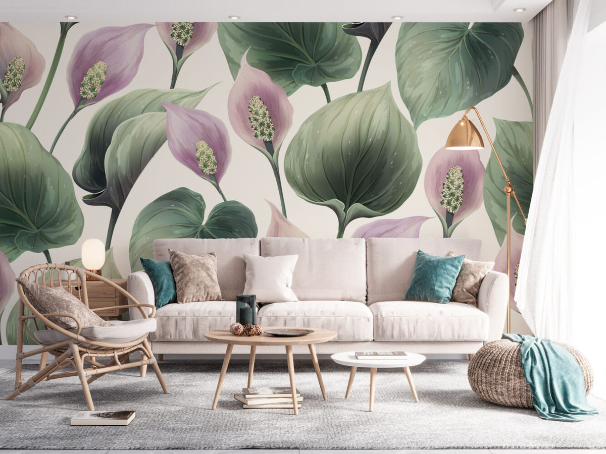 Calla Lily Wallpaper : Purple Blooms Green Leaves Pattern - View 2