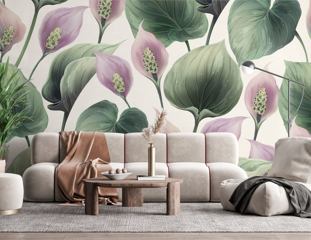 Calla Lily Wallpaper : Purple Blooms Green Leaves Pattern