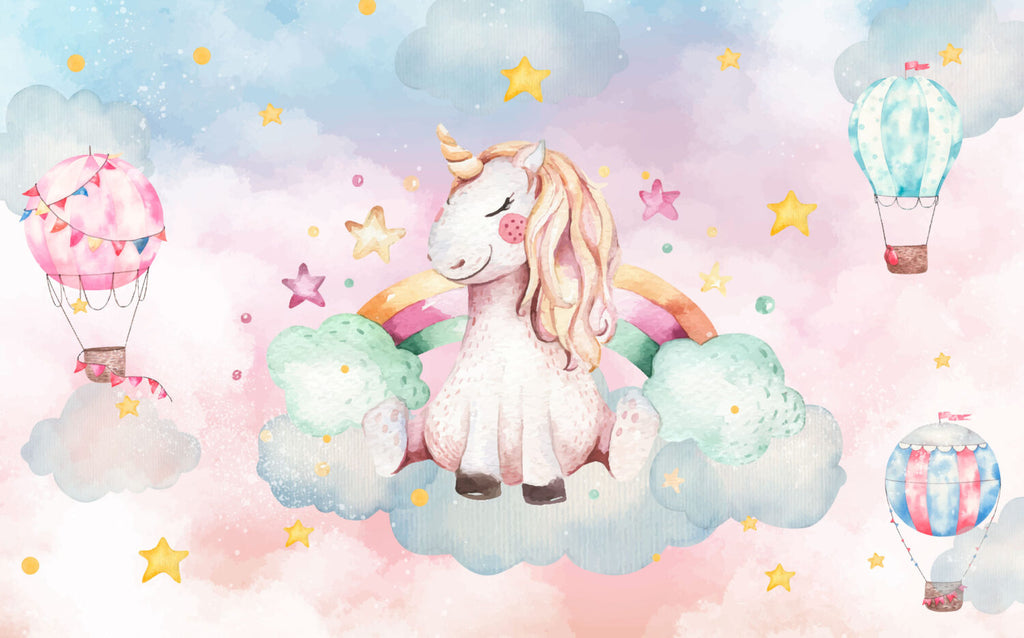 Watercolor Unicorn Wallpaper : Rainbow Clouds Balloons Mural - flat design