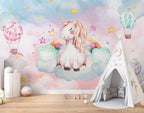 Watercolor Unicorn Wallpaper : Rainbow Clouds Balloons Mural - View 2