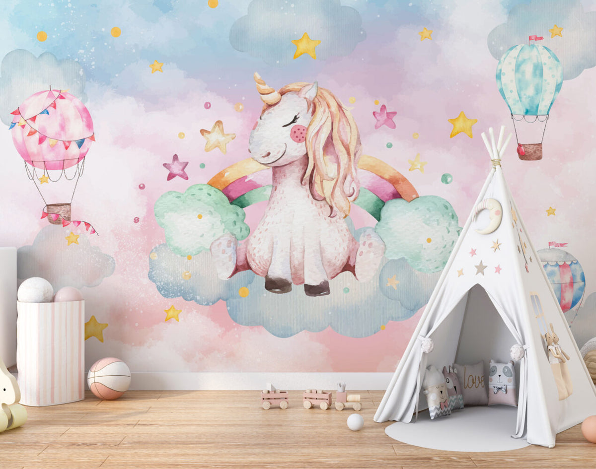 Watercolor Unicorn Wallpaper : Rainbow Clouds Balloons Mural - View 2