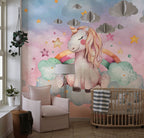 Watercolor Unicorn Wallpaper : Rainbow Clouds Balloons Mural - View 3