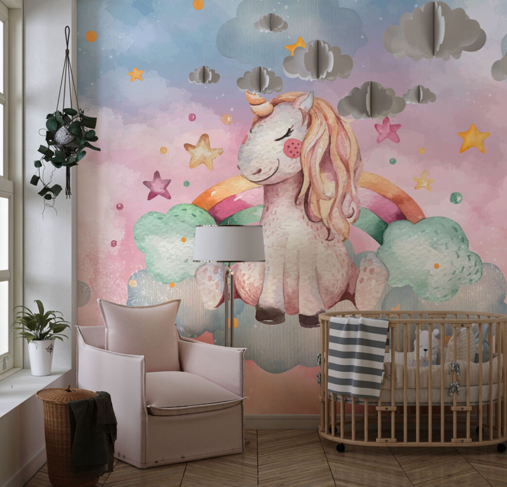 Watercolor Unicorn Wallpaper : Rainbow Clouds Balloons Mural - View 3