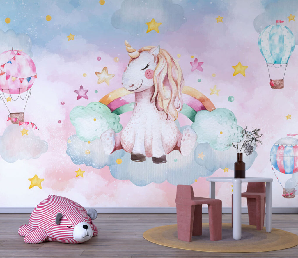 Watercolor Unicorn Wallpaper : Rainbow Clouds Balloons Mural