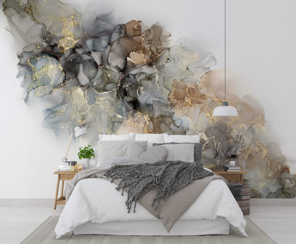 Smoky Alcohol Ink Wallpaper : Grey Gold Marble Mural - View 5