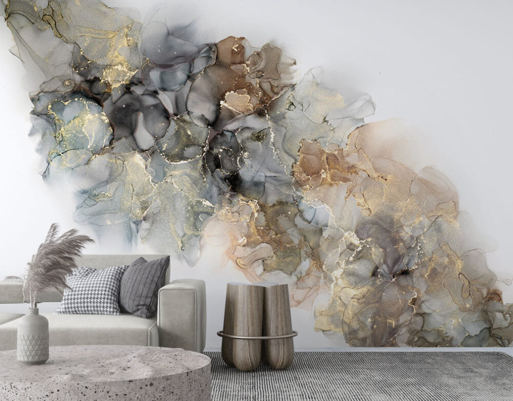 Smoky Alcohol Ink Wallpaper : Grey Gold Marble Mural