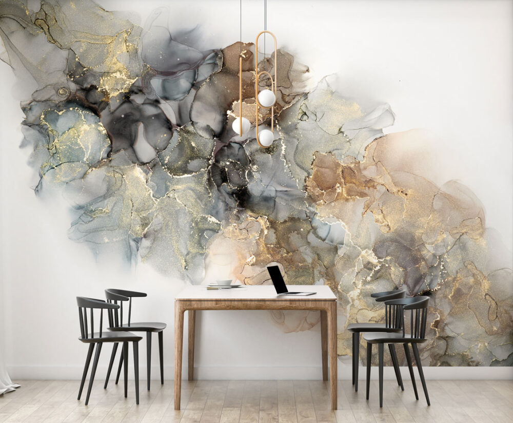 Smoky Alcohol Ink Wallpaper : Grey Gold Marble Mural - View 3