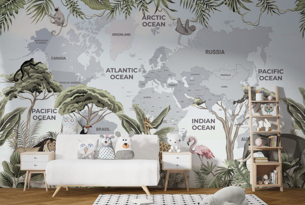 Jungle World Map Wallpaper : Safari Animals Kids Mural - View 3