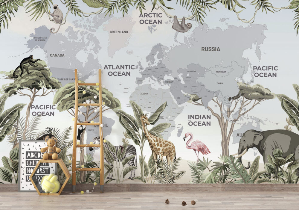 Jungle World Map Wallpaper : Safari Animals Kids Mural