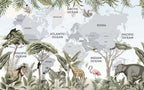 Jungle World Map Wallpaper : Safari Animals Kids Mural - flat design