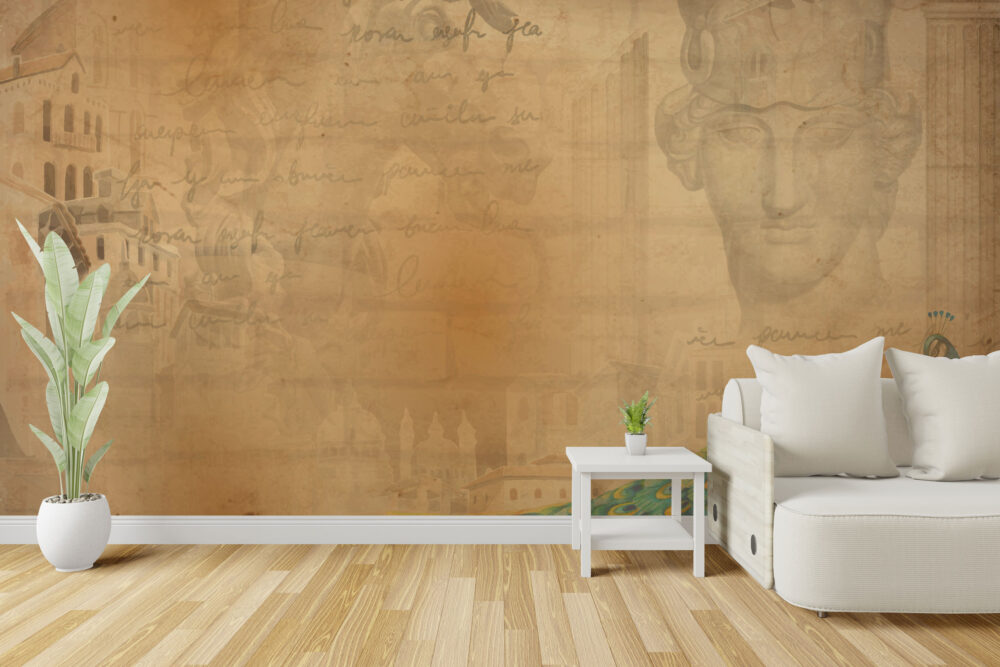 Antique Roman Wallpaper : Ochre Sketch Script Mural - View 4
