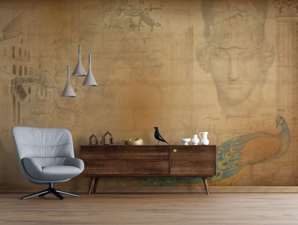 Antique Roman Wallpaper : Ochre Sketch Script Mural