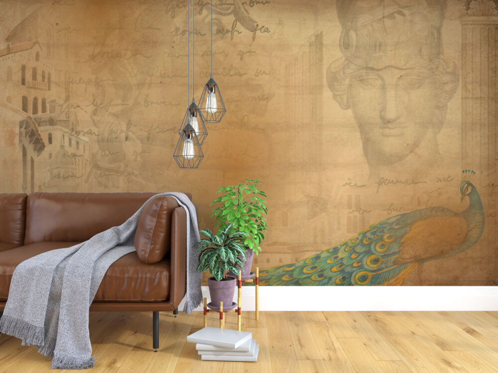 Antique Roman Wallpaper : Ochre Sketch Script Mural - View 3