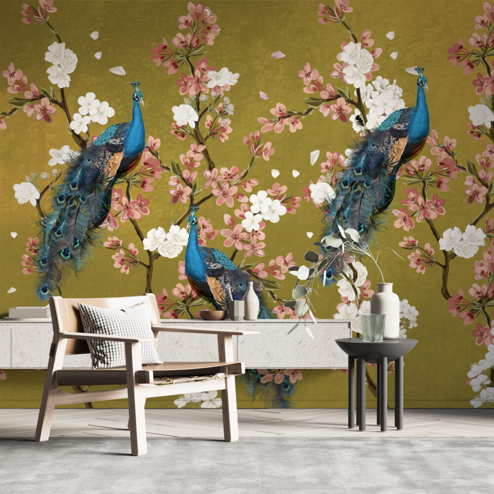 Peacock Cherry Blossom Wallpaper : Mauve Chinoiserie Mural - View 5