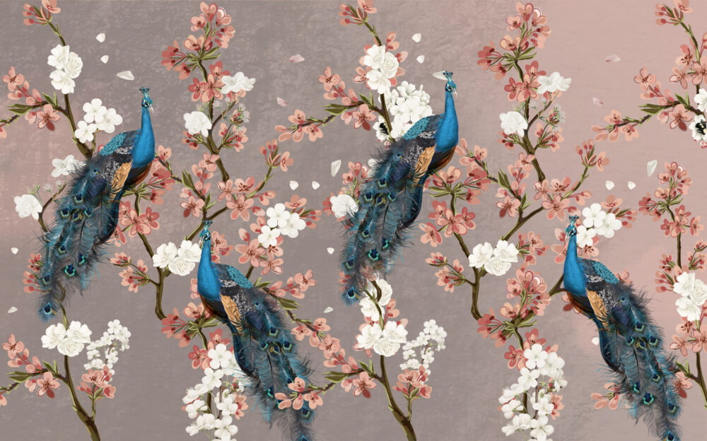 Peacock Cherry Blossom Wallpaper : Mauve Chinoiserie Mural - View 2